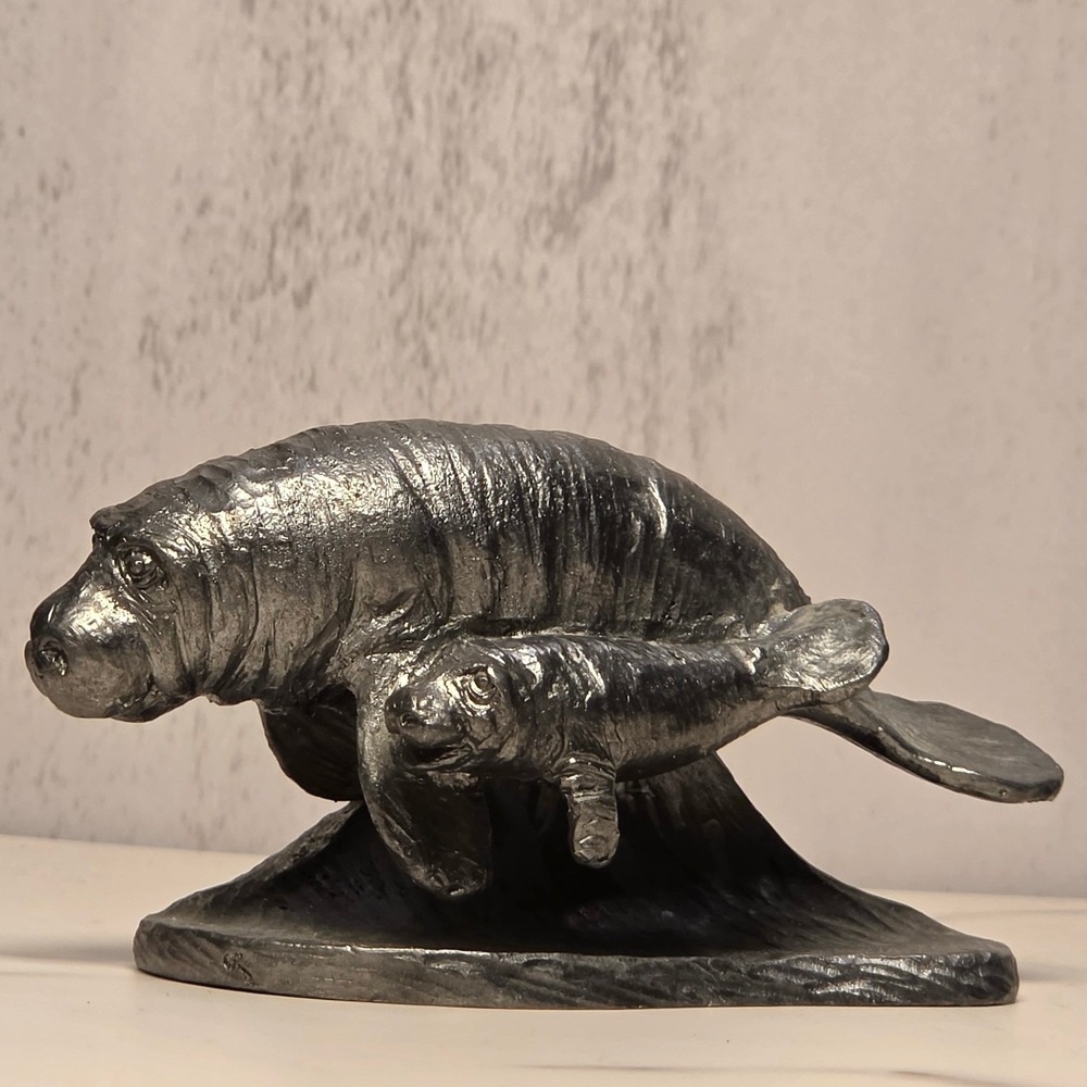 Michael Ricker Pewter Manatee Mother and Calf Sculpture Figurine‎ 1990 Signed